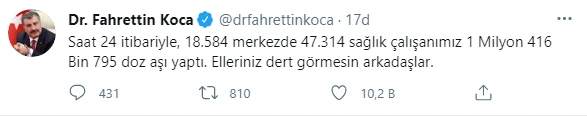 Aşıda yeni rekor: 1 milyon 416 bin 795 doz